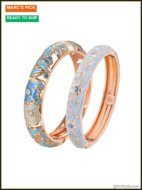 Vintage Cloisonne Enameled Rhinestone Hinged Cuff Bracelet Bangles Set